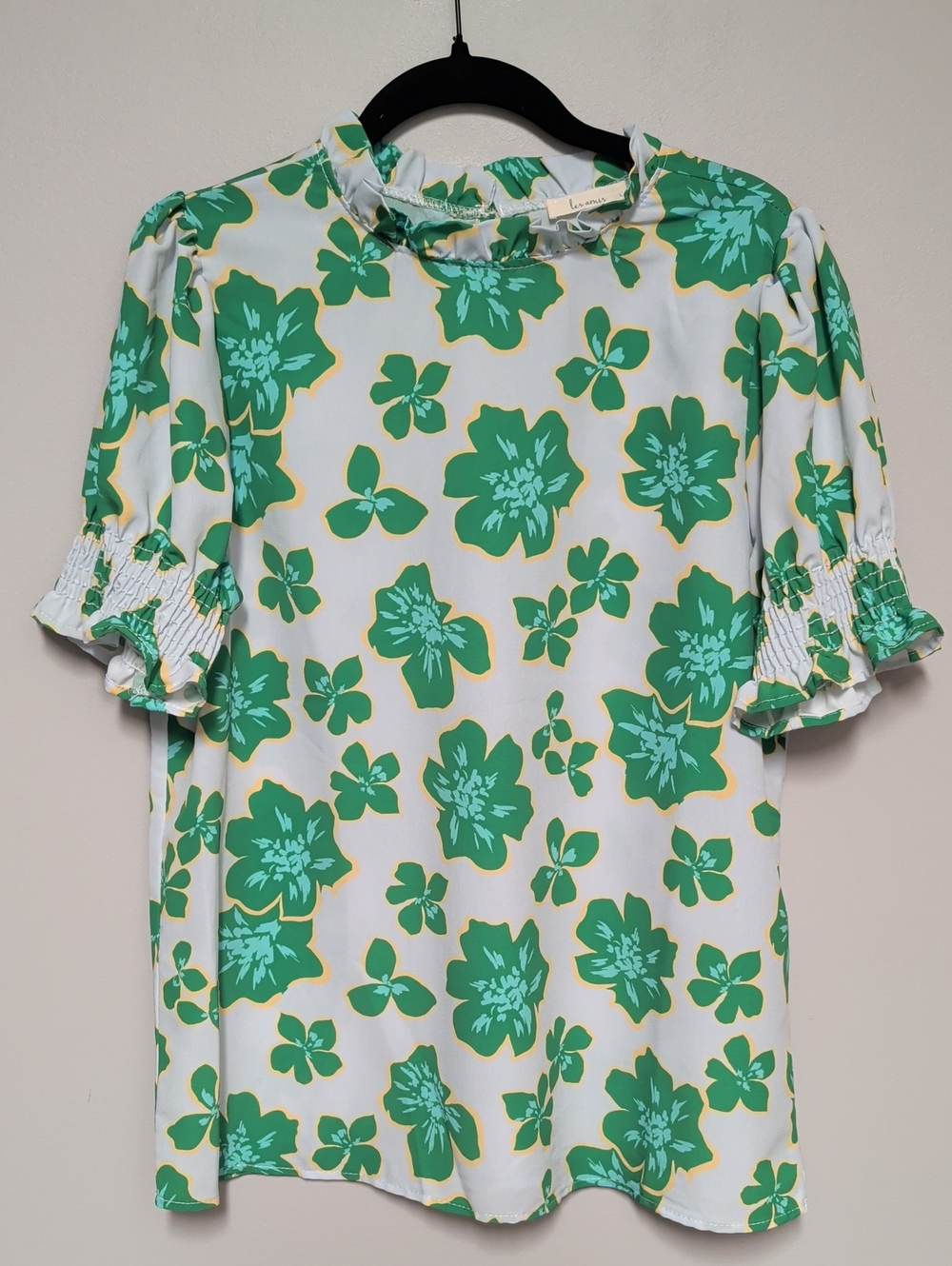 Green Floral Ruffle-Neck Puff Sleeve Blouse